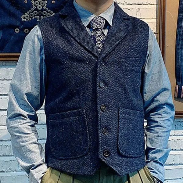 Gilet Men's Suit Vest Navy Wedding Wool Herringbone Tweed Business Washingcoat Coldaged Collired Slim Fit Gilelet Homme Vest for Man