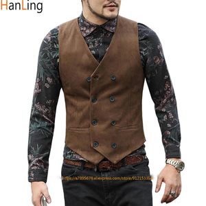 Chalecos de traje para hombre, chaleco estilo Steampunk de ante, cuello en V, doble botonadura, SXXXL, chaleco hombre