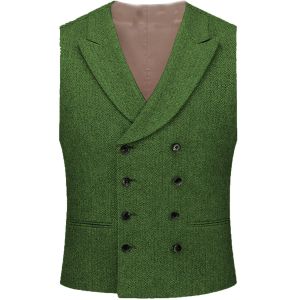 Gilet Men's Vest Green Saisond Collar Double Breasted Wedding Herringbone Wool Tweed Business Wiltcoat Groom Wear Vests for Men 2022