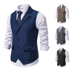 Vests Men Suit Vest Herringbone Fabric Waistcoat Business Wedding Casual Turndown Collor's Robe Blazer Vests Formal Party V07