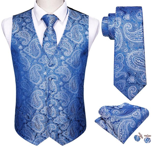 Vêtes Nouveaux hommes de mariage Blue Men Vest Blue Floral Jacquard Folral Silk Wonk Gists Garkkerchief Tie Set Suit Suit Barry.Conception