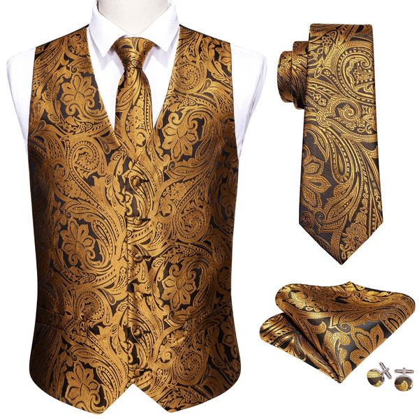 Vêtes de la combinaison de mariage pour hommes dorés gilettes paisley jacquard folral en soie gilet gilets mouchoirs à cravate de gilet set Barry.Conception