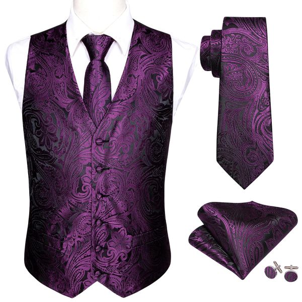 Vêtes de la combinaison de mariage pour hommes violets gilettes paisley jacquard folral en soie gilet gilets mouchonnets à cravate de gilet set Barry.Conception