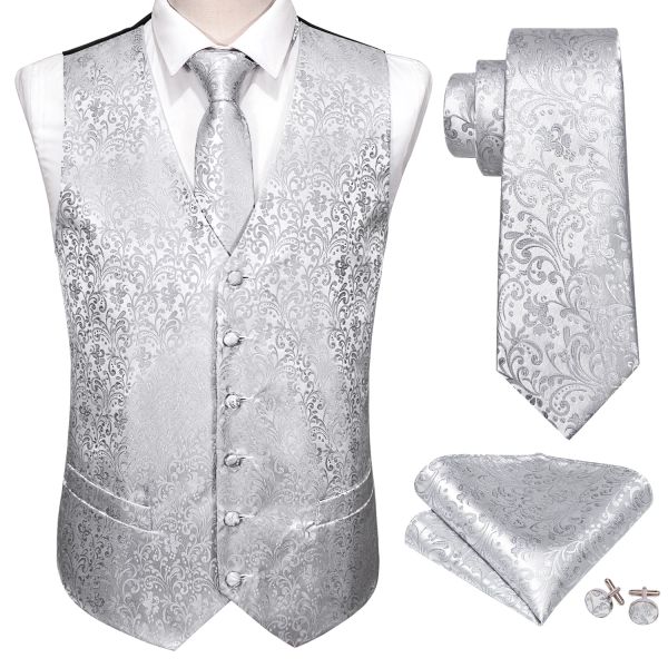Vests New Silver Men Suit de mariage Vest Floral Jacquard Folral Silk Waigcoat Gestes Garkkerchief Tie Gilet Suit Barry.Conception