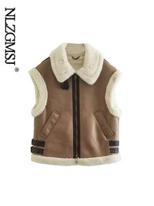 Chalecos Nlzgmsj 2023 Invierno Mujeres Grueso Cálido Fleece Chaqueta de cuero de imitación Empalme Sin mangas Chaleco Abrigo Damas Biker Chaleco Outwear Tops