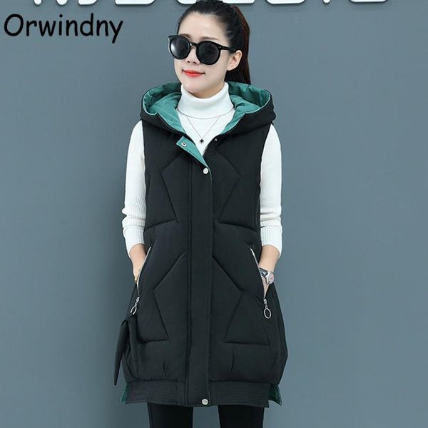 Orwindny S3XL automne rembourré gilet sans manches gilet femme longue femmes hiver gilet veste à capuche vert chaud gilet dame 9 couleurs