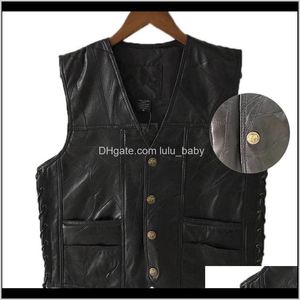 Gilets Vêtements d'extérieur Manteaux Vêtements pour hommes Vêtements Drop Delivery 2021 Noir Moto en cuir véritable Punk Biker Vest Dentelle Bouton Automne Sleevele