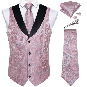 Vesten roze paisly pak vest set 5 pc's tuxedo -vest en stropdas pocket square manchetjes tie clips voor bruiloft heren kleding blazer vest