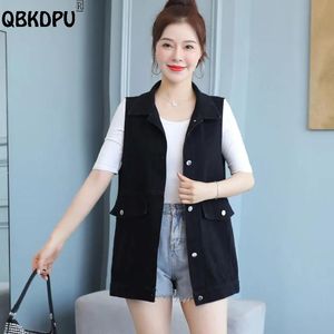 Gilets Grande taille 95kg noir Denim gilet femmes veste sans manches en vrac Vintage mi-longueur Chaleco Mujer nouveautés revers maman Cardigan