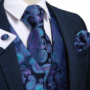 Vesten Paars Zwart Paisley Top Design Bruiloft Mannen 100% Zijden Vest Vest Stropdassen Hanky Manchetknopen Das Set voor Tuxedo MJTZ104