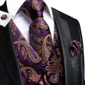 Gilets Violet Or Soie Hommes Gilet Cravate Ensemble Jacquard Paisley Veste Sans Manches Costume Gilet Cravate Hanky Boutons De Manchette Mariage Affaires