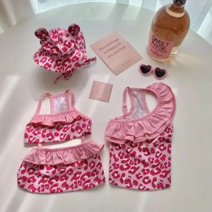 Gilet Summer Pink Leopard Print Dog Swimsuit Cat Transformation Transformation Tengit avec bonnet de baignade One-Piece Bikini Bikini Clothes Puppy Vest