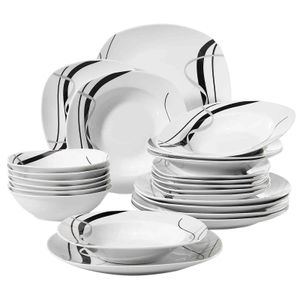 VEWEET FIONA Juego combinado de platos de cerámica negros de 24 piezas, vajilla de porcelana, juego de cuencos/platos de postre/platos hondos/platos de cena