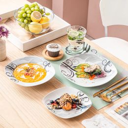 Veweet Zoey 18 pièces en porcelaine en céramique Dingel Set Secal Pattern Plate de cuisine Ensemble avec assiette de dîner, assiette de soupe, assiette de dessert