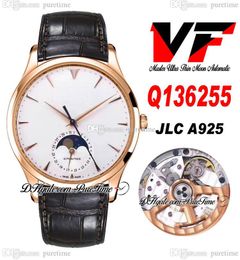 VF V3 Master Ultra Thin Moon Q136255 JLC A925 Montre automatique pour homme Or rose Cadran blanc Marqueurs de bâton argentés Cuir marron Phase de lune correcte Super Edition Puretime