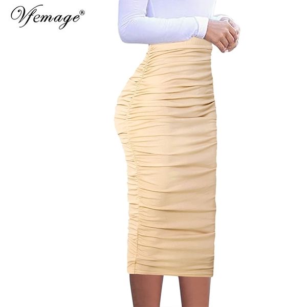 Vfemage Femmes Élégant Ruché Volant Taille Haute Géométrique Polka Dot Imprimer Slim Casual Party Crayon Midi Mi-mollet Jupe 1023 210309