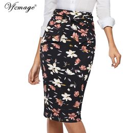 Vfemage Femmes Élégant Plissée Arc Taille Haute Rayé Patchwork Slim Casual Travail Bureau Business Party Moulante Crayon Jupe 865 210310