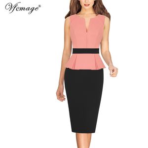 VFEMAGE FEMANDS Spring Front Front Zipper Peplum Colorbock Colorblock Travail Business Office Party Sage Bodycon Robe crayon 671 210309