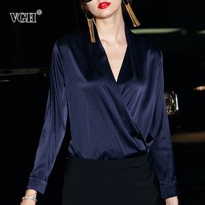 VGH 2019 été Vintage chemise pour femmes col en V à manches longues bouton mince solide vêtements haut femme mode nouvelle marée