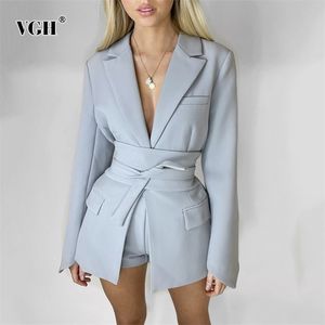 VGH Casual Noir À Lacets Patchwork Ceinture Femme Blazers Entaillé À Manches Longues Coréen Slim Femmes Vestes Printemps Mode Style 211006