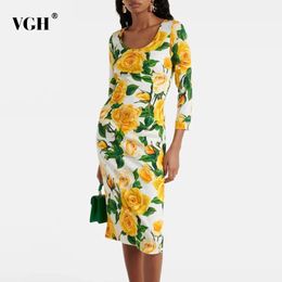 VGH Hit Couleur Impression florale Robes élégantes pour les femmes Round Cou Long Sleeve High Splicd Zipper Robe Femelle Feme 240417
