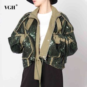 VGH Splicing Lovertjes Jacket voor Dames Turtleneck Lange Mouw Streetwear Casual Jassen Vrouwelijke Mode Nieuwe Kledingstijl 210421