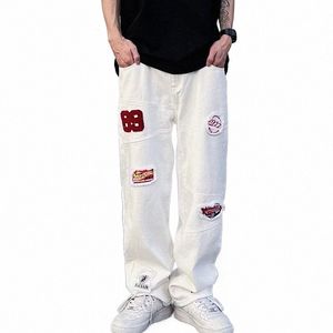 Vibe Patch Borduren Wit Hip Hop Mannen Cargo Jeans Broek Y2K Kleding Meerdere Zakken Rechte Baggy Lg Broek Ropa Hombre q0jC#