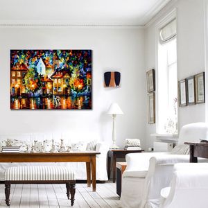 Levendig olieverfschilderij straatlandschap Luxemburg nacht handgemaakte canvas kunst hedendaagse loft decor