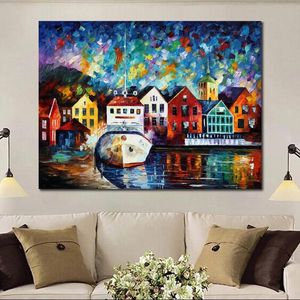 Levendig olieverfschilderij dorp landschap Denemarken handgemaakte canvas kunst hedendaagse loft decor