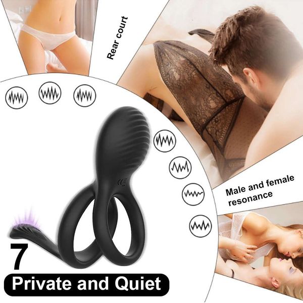 Vibrante dual pene anillo premium polla suave y elástica 7 modos de vibración de vibración mejorando juguetes sexys para hombres y parejas jugar