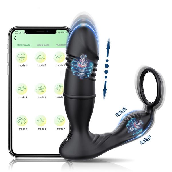 Vibromasseur 2 en 1 Bluetooth APP Vibromasseur Male Anal Plug Thrusting Sex Toy Prostate Massager Wireless Remote Silicone Butt Plug pour Hommes Gay 230404