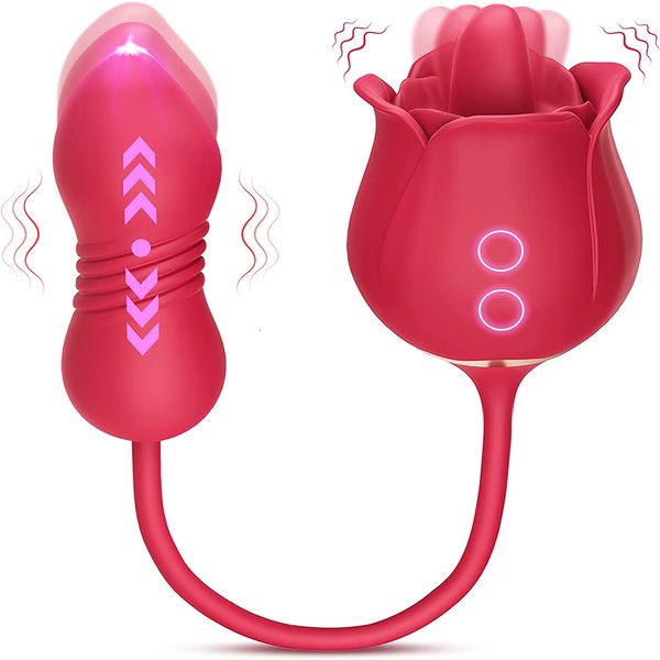 Vibradores 3 em 1 Rose Toy Vibrator for Woman Tongue Licking Clitoral Stimulator Thrusting G Spot Dildo Clit Nipple Licker Women Goods 230802