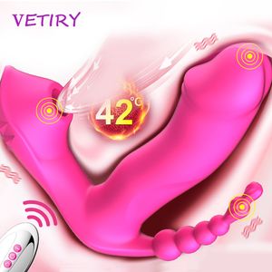 Vibrateurs 3 en 1 vibratrice de vibratrice chauffante Dildo Vibrateur anal vagin clitoris stimulator sex toys for women gpot aspiration oral 230508