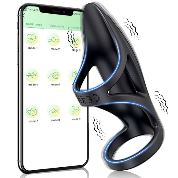 Vibradores APP Bluetooth Vibrador Anillo de pene Anillo de pene Vibrador Retraso Eyaculación Juguetes sexuales para hombres Pareja Penisring Cockring Dick Manga 231116