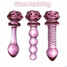Vibradores Crystal Glass Anal Butt Plug Vaginal Anus Beads Adulto Consolador para masaje Masturbación Rose Flower Sex Toys Hombres Mujeres 230901