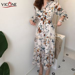 VICONE Chic Rétro Femmes Robe D'été Casual À Manches Longues Boho Floral Imprimer Robe Bandage Robes Élégantes T200619