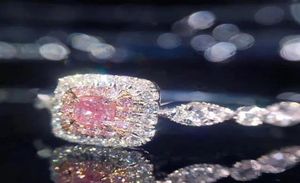 Victoria Jewelry 925 Sterling Silver Princess Cut Pink Sapphire Diamond Zirconia Wedding Women Engagement Band Ring WJL26068464413
