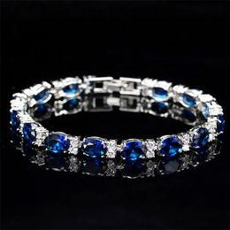 Victoria Luxury Jewelry Brand New 925 Sterling Silver Oval Cut Blue Sapphire CZ Diamond Ruby Popular Mujeres Pulsera de boda para regalo de amante