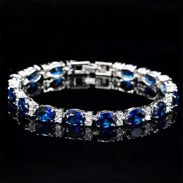 Victoria Luxury Jewelry Brand New 925 Sterling Silver Oval Cut Blue Sapphire CZ Diamond Ruby Populaire Femmes Bracelet De Mariage Pour Lo2700