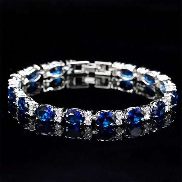 Victoria Luxury Jewelry Brand New 925 Sterling Silver Oval Cut Blue Sapphire CZ Diamond Ruby Populaire Femmes Bracelet De Mariage Pour Lo253d