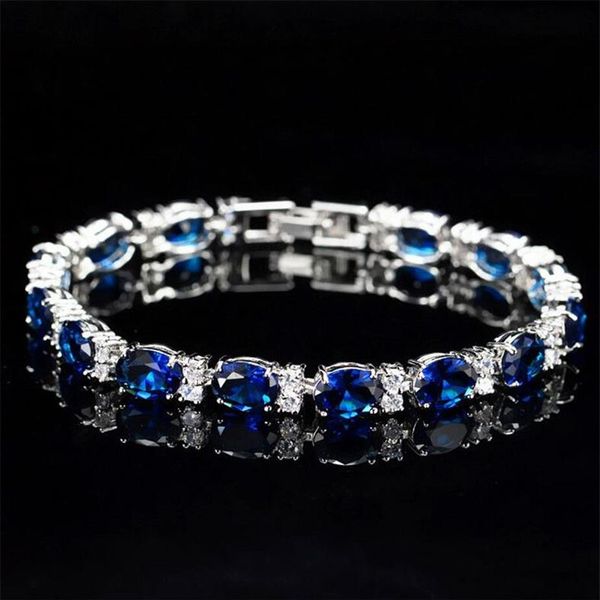 Victoria Luxury Jewelry Brand New 925 Sterling Silver Oval Cut Blue Sapphire CZ Diamond Ruby Populaire Femmes Bracelet De Mariage Pour Lo3051