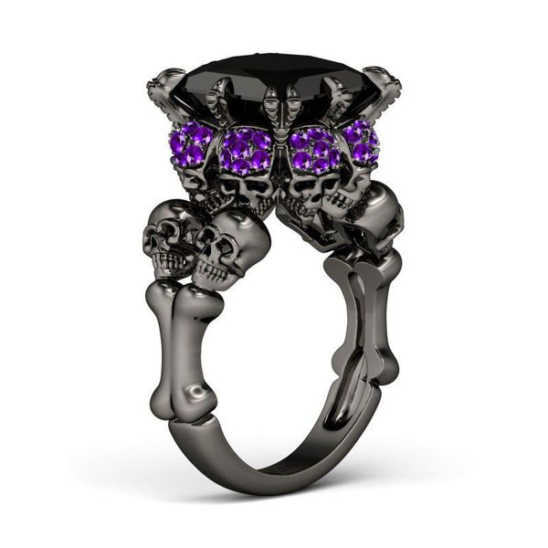 Victoria Wieck marca nueva joyería de moda Punk 10KT oro negro relleno princesa corte amatista CZ diamante mujeres boda calavera banda anillo regalo