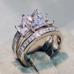 Victoria Wieck Choucong Gloednieuw paar 2 stks Ringen Luxe Sieraden 925 Sterling Zilver Drie Stone Princess Cut CZ Diamond Topaz Damesring