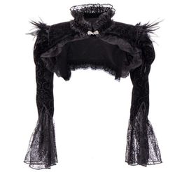 Victorien noir flanelle plumes dentelle veste à manches longues volants col montant gothique boléro vêtements accessoires Steampunk manteau Wo4317365