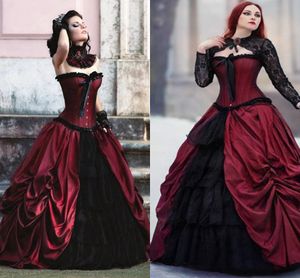 Victoriaanse bordeaux en zwarte trouwjurk met jas plus maat gotische applique veter korset geplooide schoonheidsbruid jurken