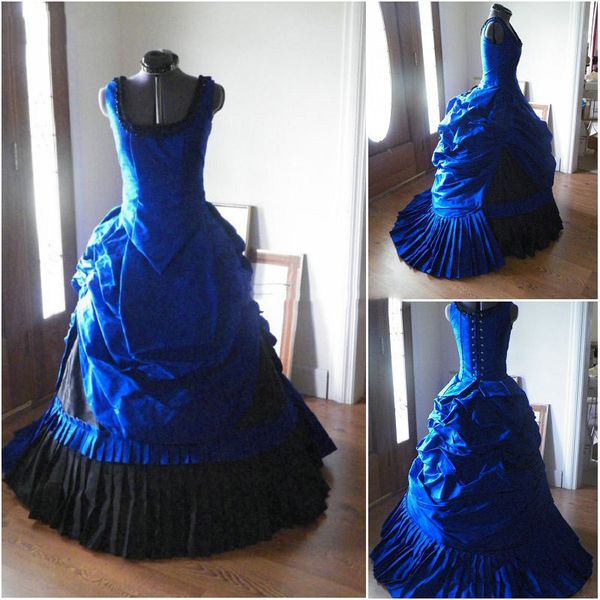 Robes de bal d'agitation victorienne balayez le train Royal Blue et les plis noirs ruched Long Cicil War Vintage Evening Party Robes