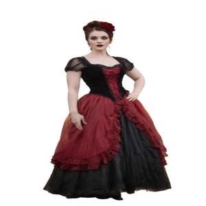 Robes de mariée médiévale gothique victorien 2024 noir avec contraste rouge coloré esthétique à manches courtes volants Renaissance des années 1950