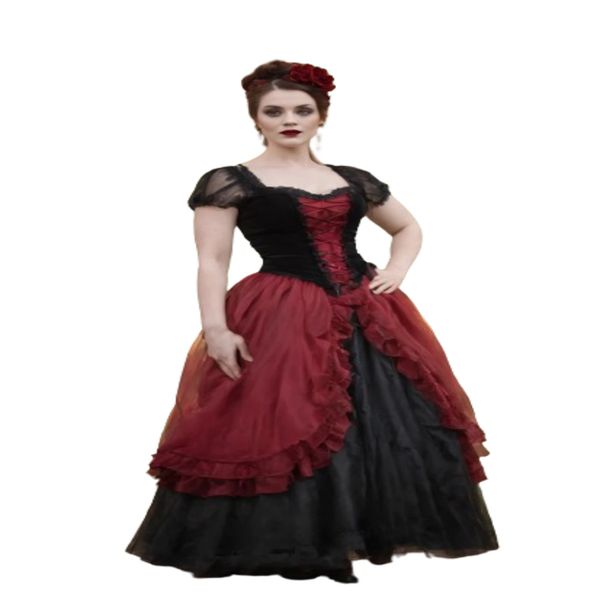 Robes de mariée médiévale gothique victorien 2024 noir avec contraste rouge coloré esthétique à manches courtes volants Renaissance des années 1950