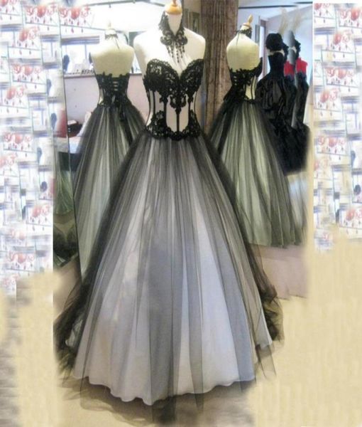 Robes de mariée gothique victorien réelle image de haute qualité des robes nuptiales en noir et blanc en dentelle appliques en tulle doux laceup vinta6675355