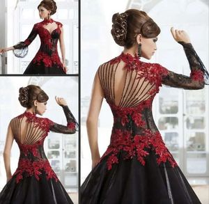 Victoriaanse maskerade High Neck Red en Black A-Line Line Lace Appliques Gotische bruidsjurken Beading Back Wedding Jurken 0509